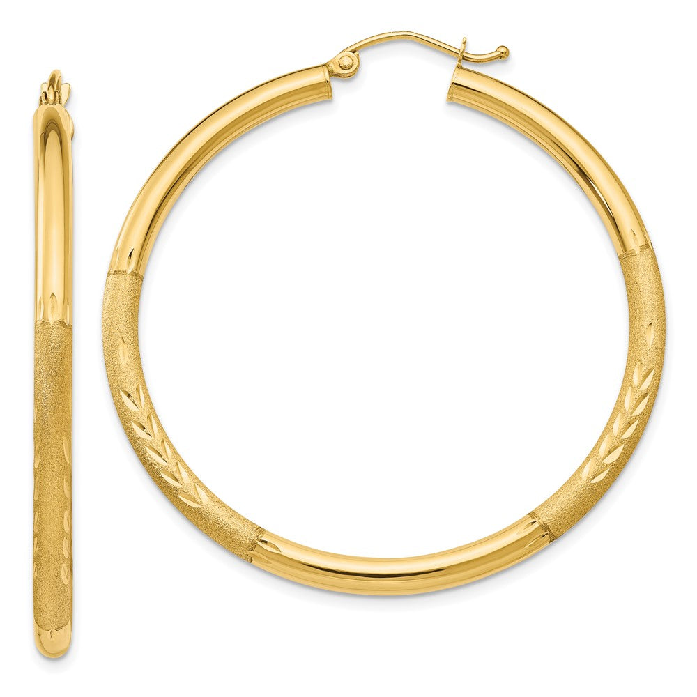 14k Satin and Diamond-cut 3mm Round Hoop Earrings - 7