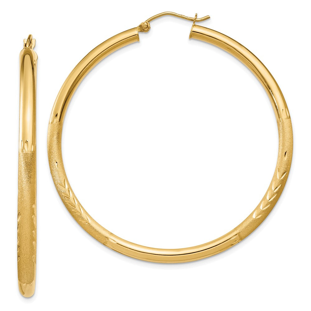 14k Satin and Diamond-cut 3mm Round Hoop Earrings - 10