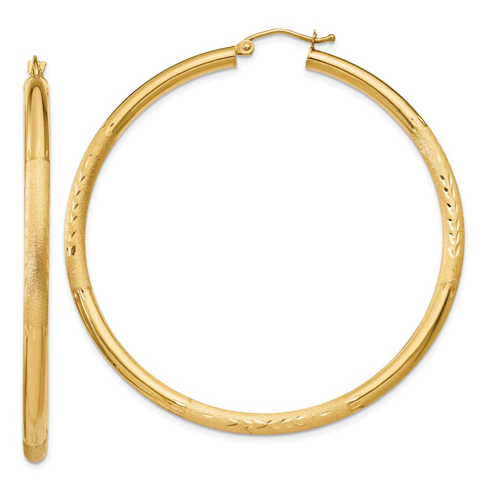 14k Satin and Diamond-cut 3mm Round Hoop Earrings - 8