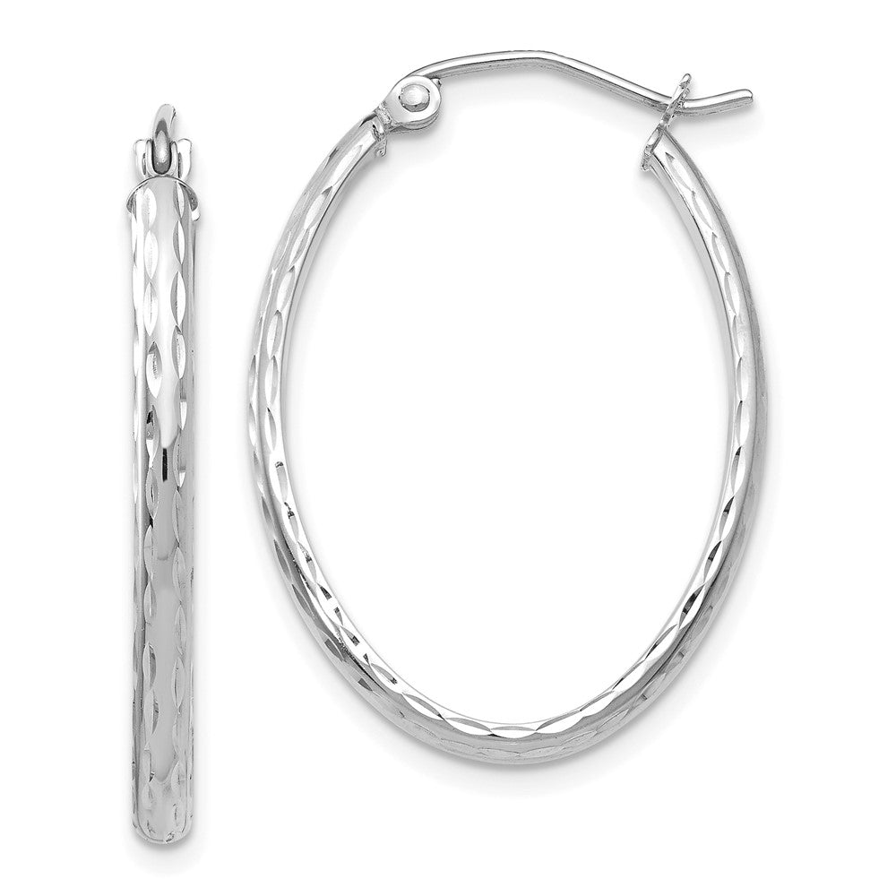 14k White Gold Lightweight Diamond-cut Oval Hoop Earrings - 3