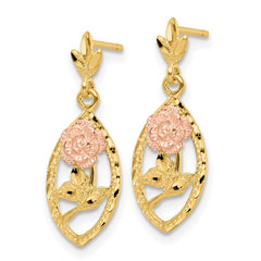 14k Two-tone Textured Flower Post Dangle Earrings
