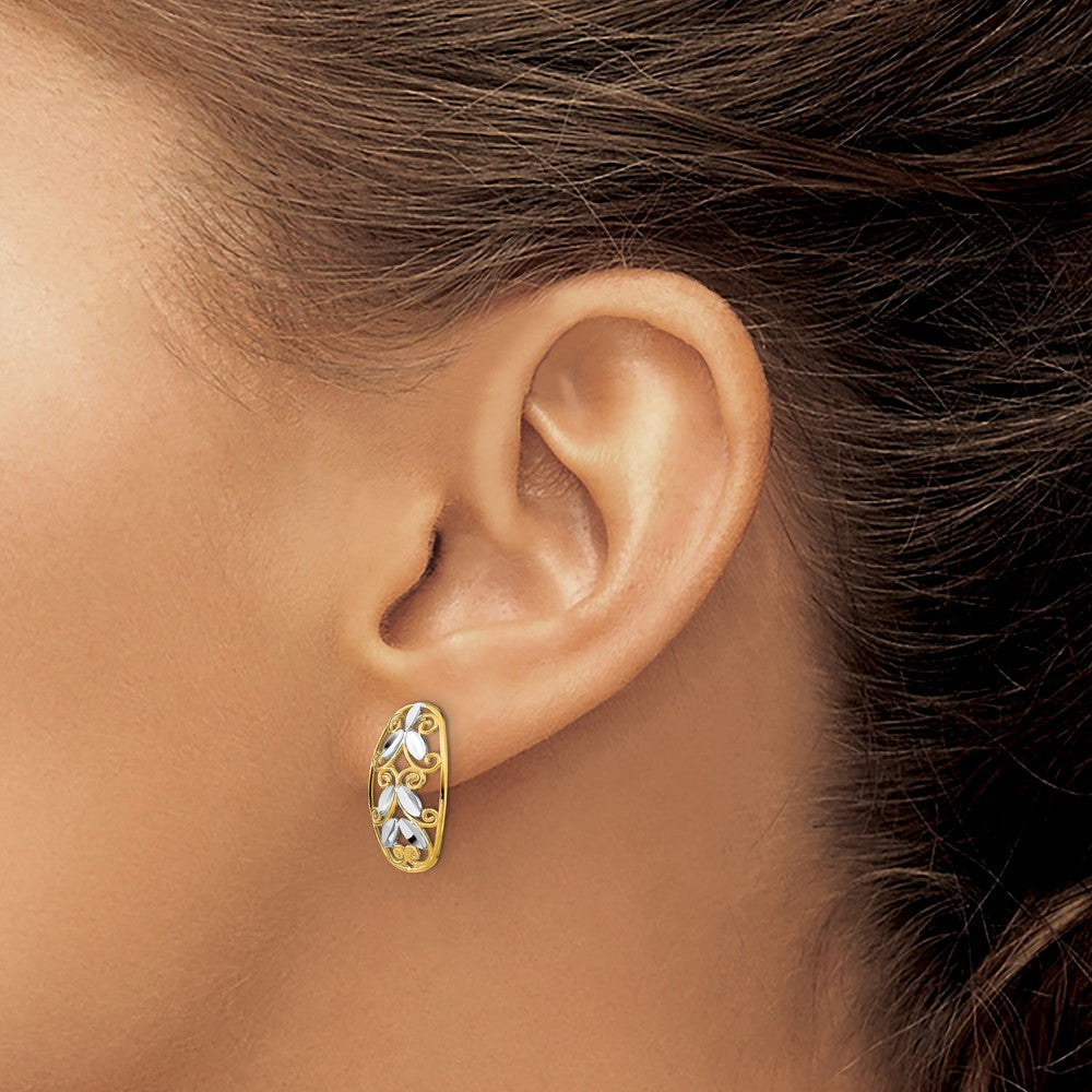 14K w/Rhodium Oval D/C Filigree Post Dangle Earrings