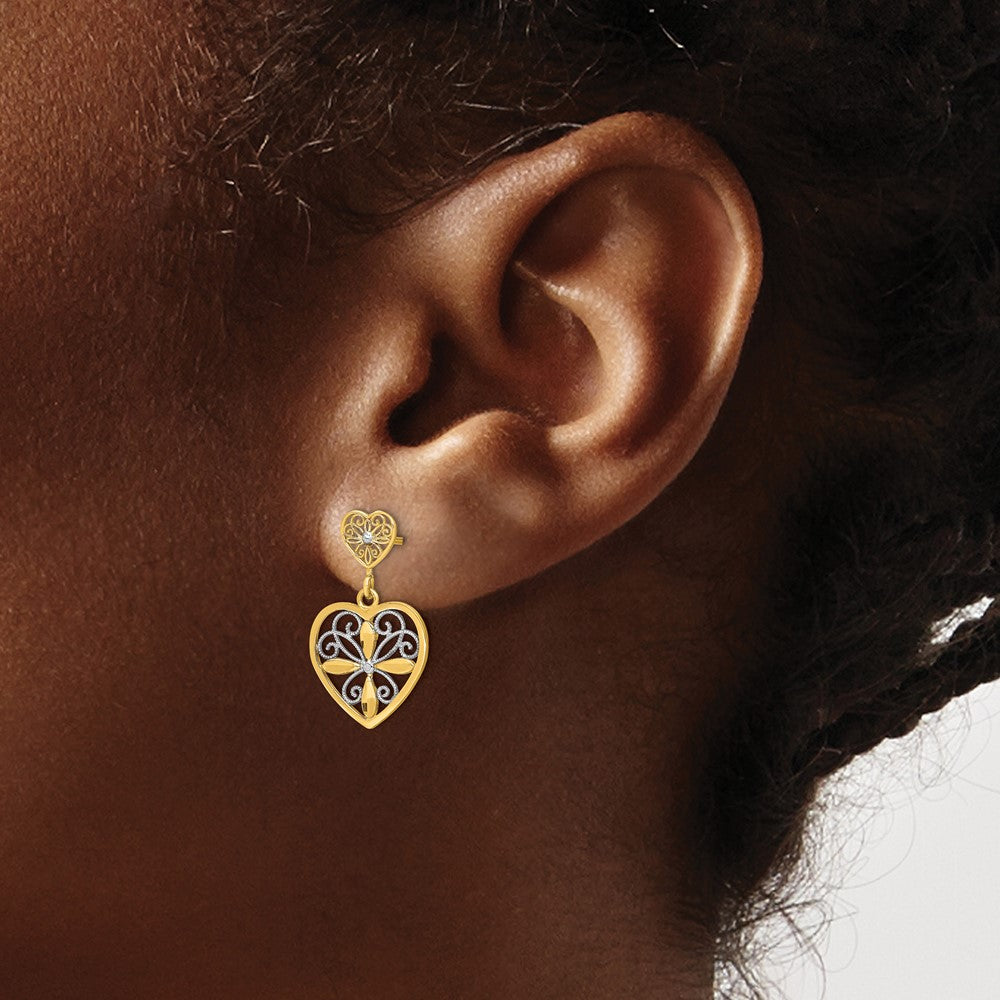 14k w/RH Flower and Heart Beaded Filigree Dangle Earrings