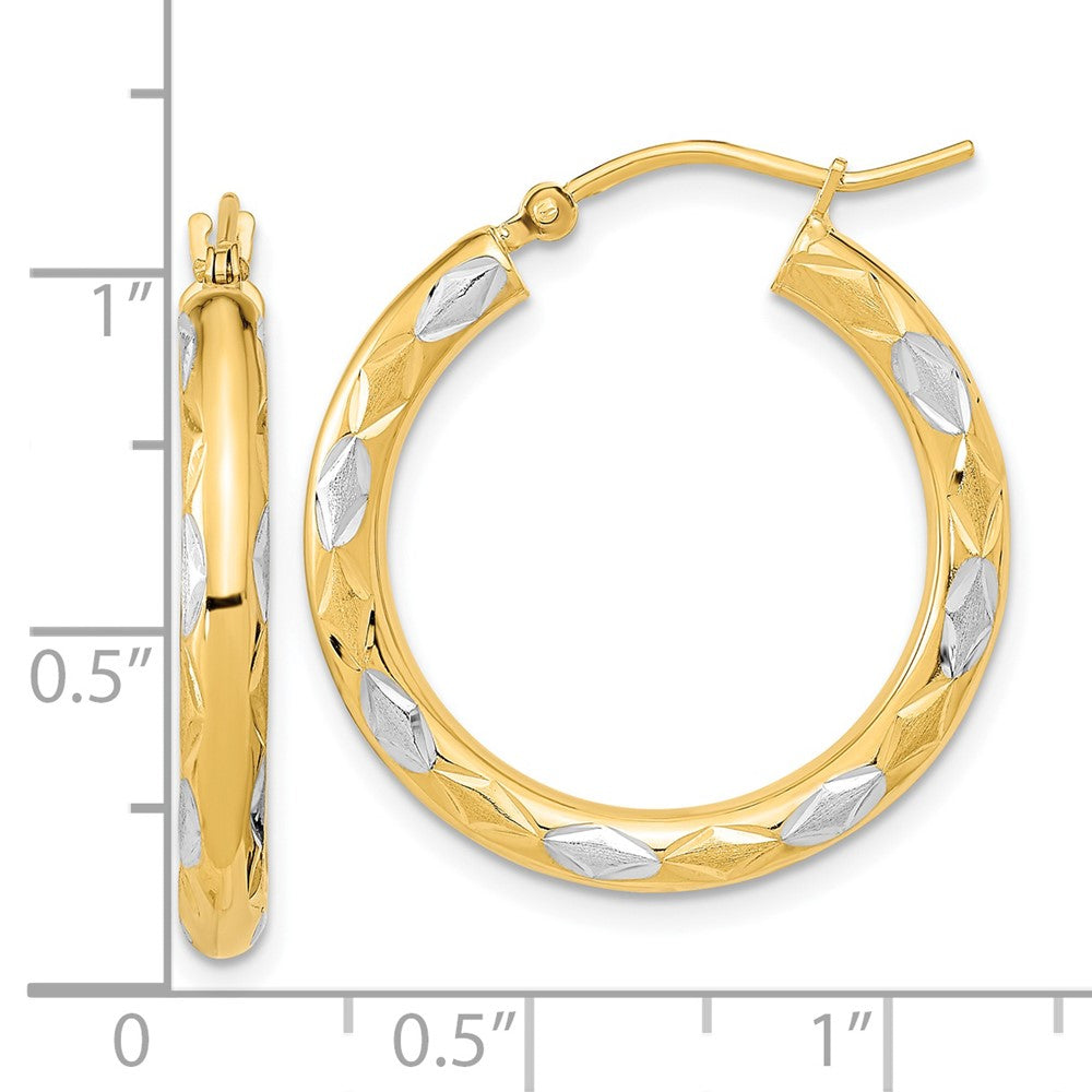 14k White Rhodium Polished Satin and Diamond-cut Hoop Earrings - 2