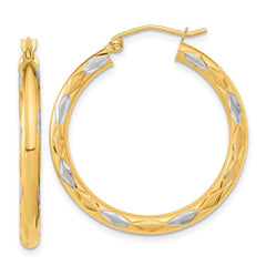14k White Rhodium Polished Satin and Diamond-cut Hoop Earrings