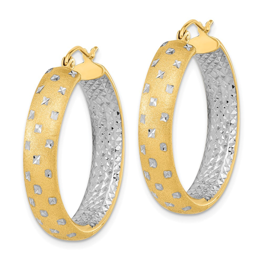 14k White Rhodium Polished Satin Diamond-cut In/Out Hoop Earrings - 2