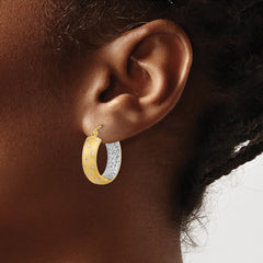 14k White Rhodium Polished Satin Diamond-cut In/Out Hoop Earrings - 3