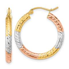 14k w/White and Rose Rhodium Polished Diamond-cut Hoop Earrings - 2
