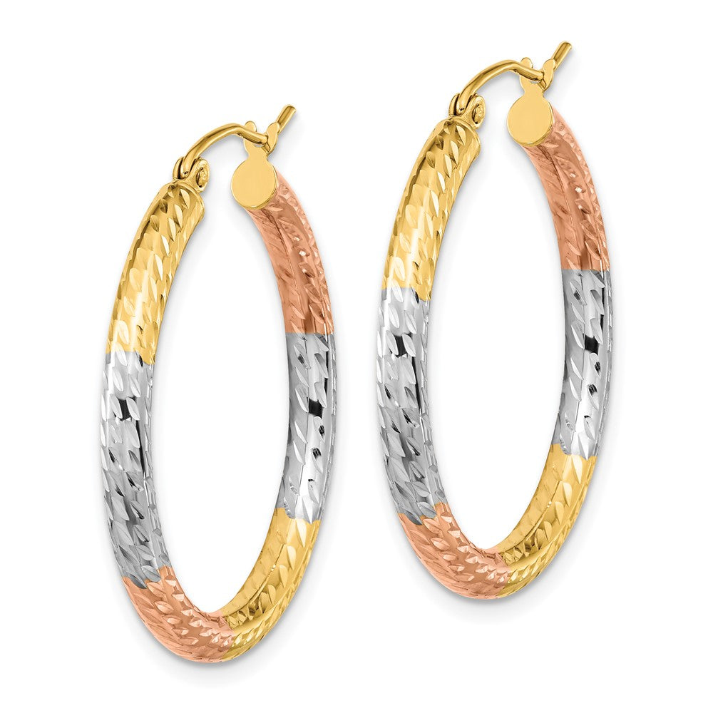 14k w/White and Rose Rhodium Polished Diamond-cut Hoop Earrings - 3