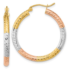 14k w/White and Rose Rhodium Polished Diamond-cut Hoop Earrings - 3