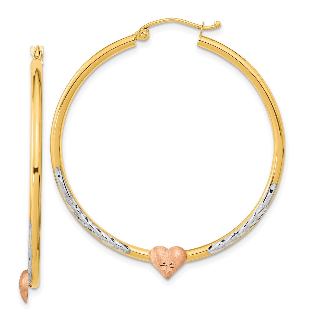 14k Two-tone with White Rhodium D/C Heart Hoop Earrings - 2