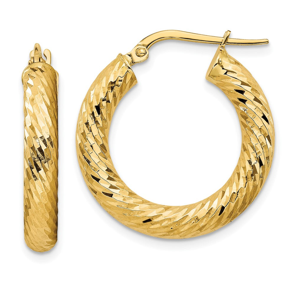 14k 4mm Polished Diamond-cut Round Hoop Earrings