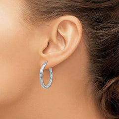 14k 3x20mm White Gold Diamond-cut Round Hoop Earrings