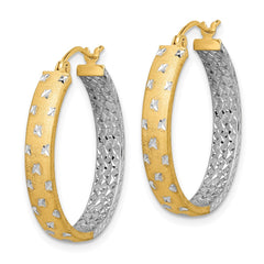 14k w/White Rhodium Polished Satin Diamond-cut In/Out Hoop Earrings - 2
