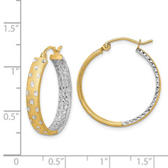 14k w/White Rhodium Polished Satin Diamond-cut In/Out Hoop Earrings - 2