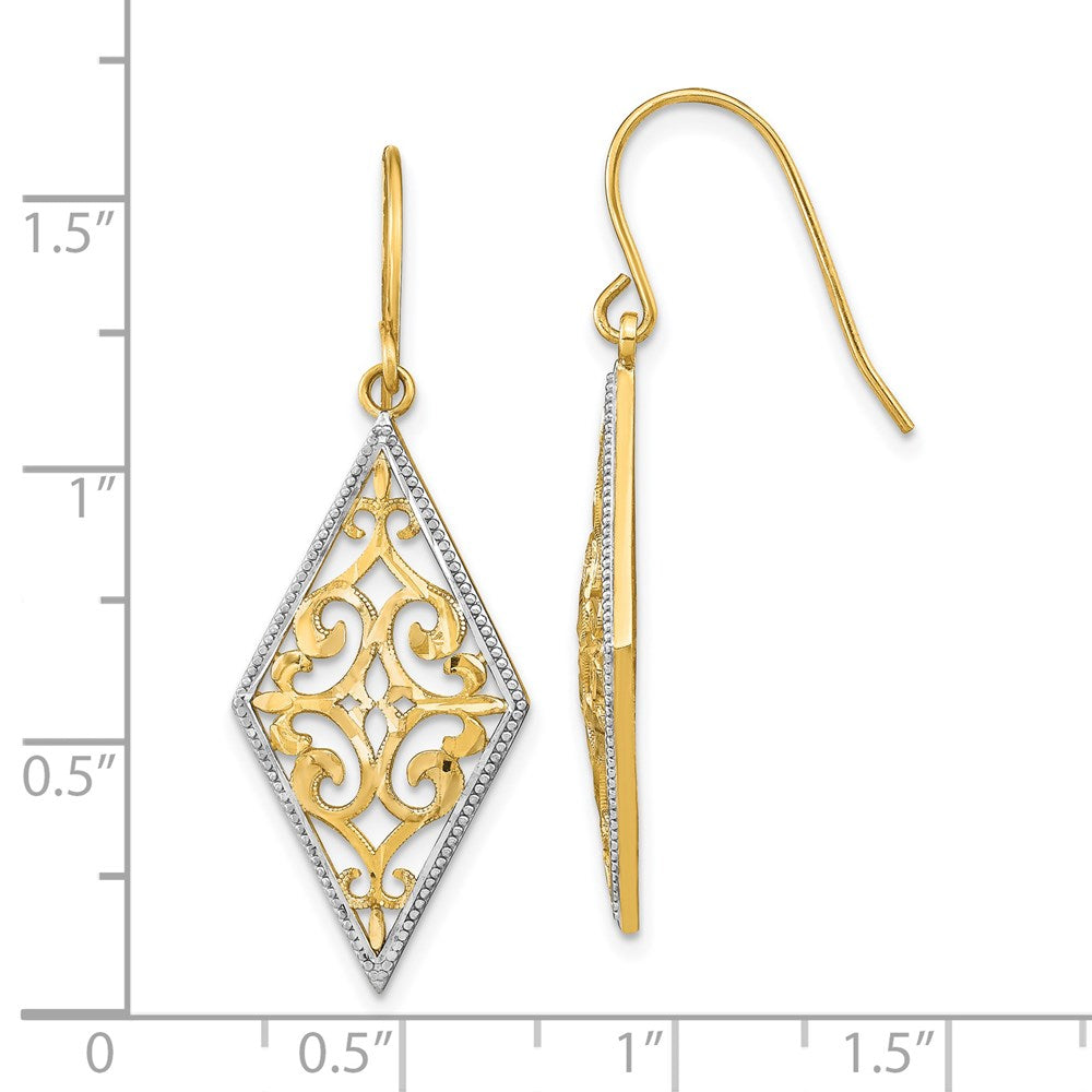 14K w/Rhodium Diamond Shape Filigree Dangle Earrings