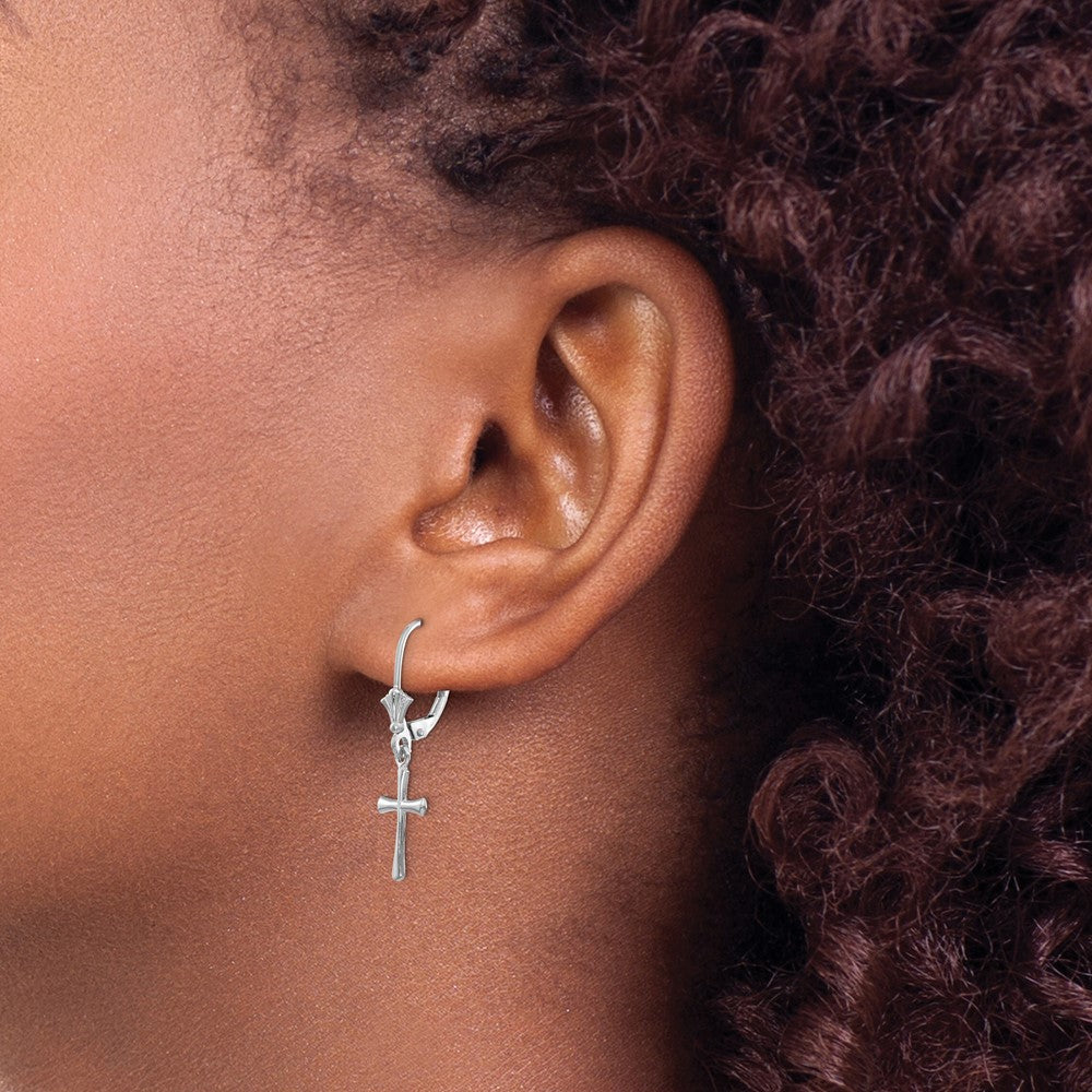 14k White Gold Polished Cross Leverback Earrings - 2