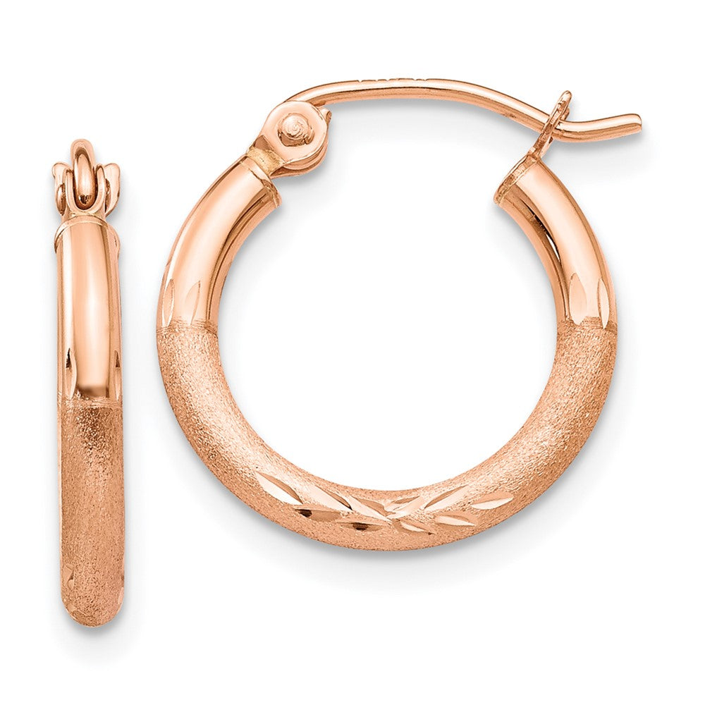 14k Rose Gold Lightweight Satin Diamond Cut Hoop Earrings - 4