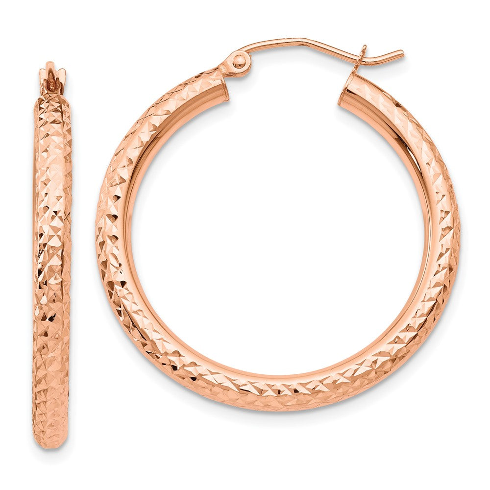 14k Rose Gold Diamond-cut 3mm Round Hoop Earrings - 2