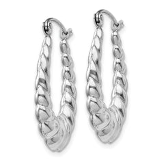 14k White Gold Polished and Textured Oval Hoop Earrings - 2
