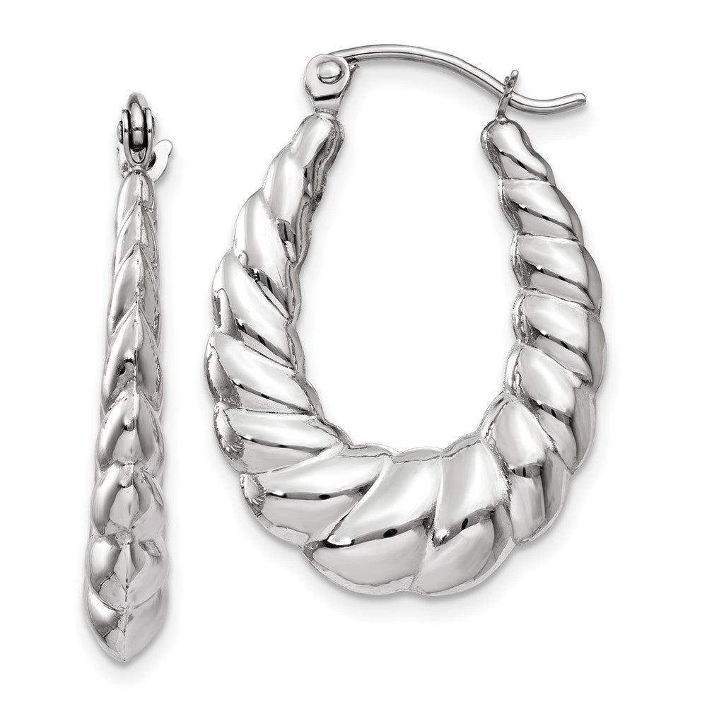 14k White Gold Polished and Textured Oval Hoop Earrings - 2