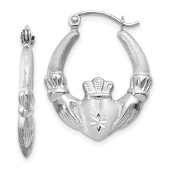 14k White Gold Satin and Diamond-cut Claddagh Hoop Earrings - 2