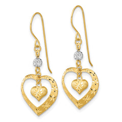 14k Two-tone Satin D/C Heart Dangle Shepherd Hook Earrings - 2