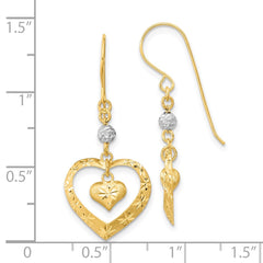 14k Two-tone Satin D/C Heart Dangle Shepherd Hook Earrings - 2