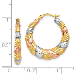 14K & White and Rose Rhodium Hollow Scalloped Hoop Earrings - 2