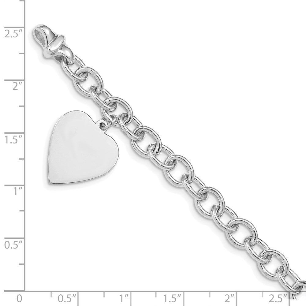 14k White Gold Engravable 23x17mm Solid Dangle Heart Charm and Solid Polished Link 8.5 inch Bracelet