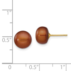 14k 8-9mm Brown Button Freshwater Cultured Pearl Stud Post Earrings