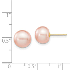 14k 8-9mm Pink Button Freshwater Cultured Pearl Stud Post Earrings