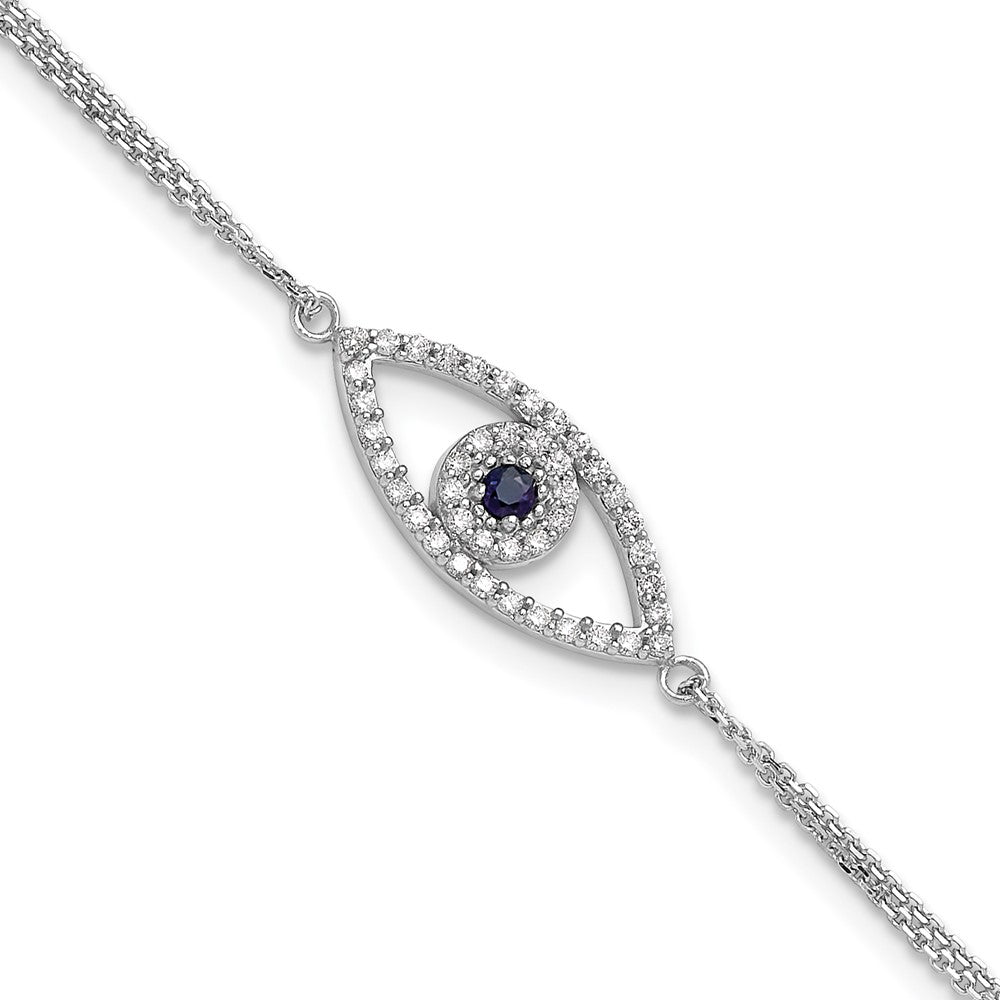 14k White Gold Complete A Diamond and Sapphire Evil Eye 2-Strand 7 inch Bracelet with 1 inch Extender