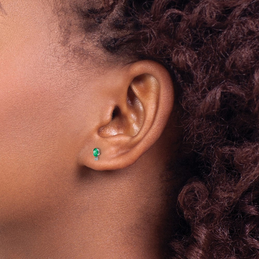 14K White Gold Diamond and Emerald Birthstone Earrings