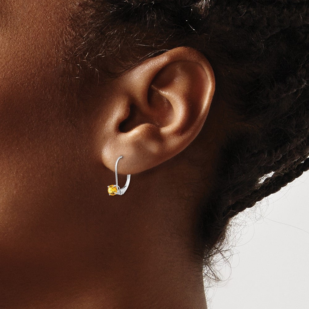 14k White Gold 4mm Round November/Citrine Leverback Earrings