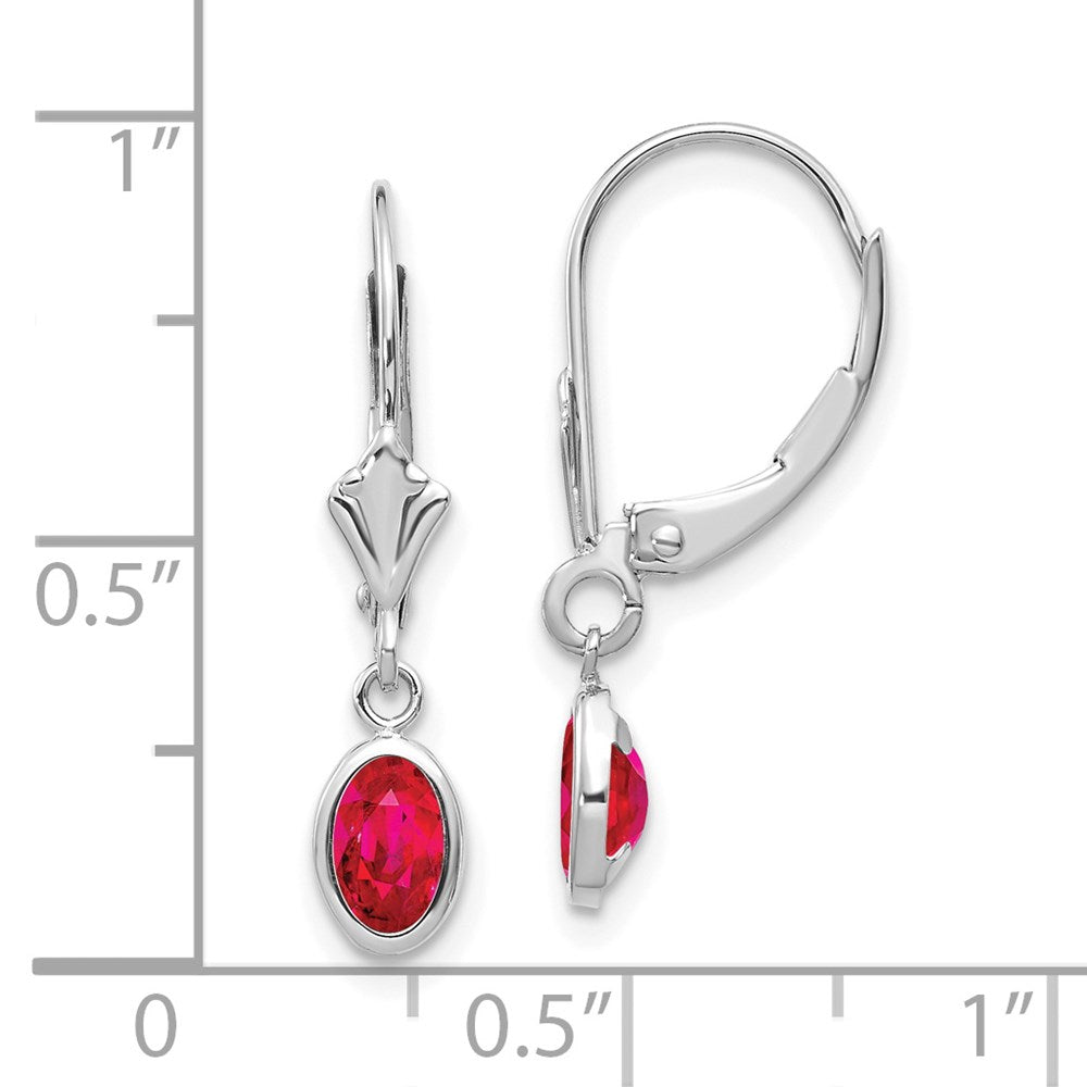 14k White Gold 6x4 Oval Bezel July/Ruby Leverback Earrings