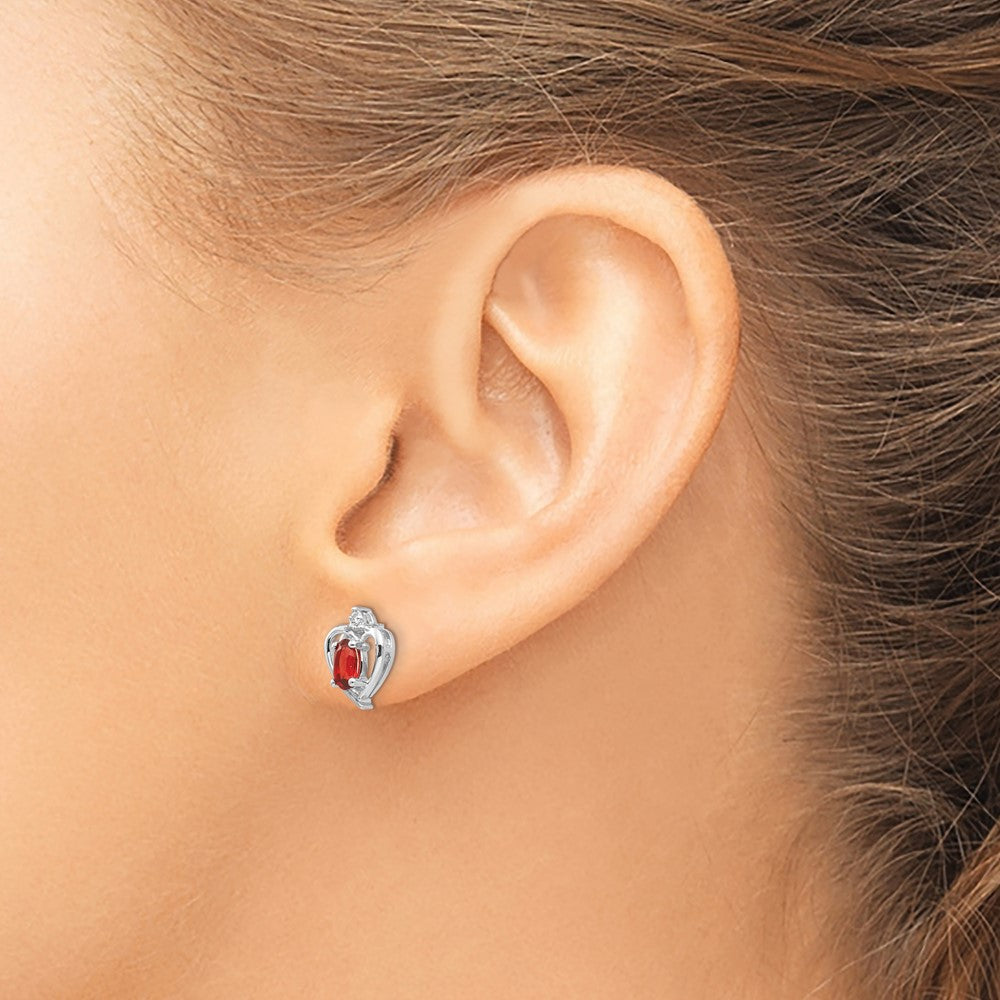 14k White Gold Garnet and Diamond Heart Post Earrings