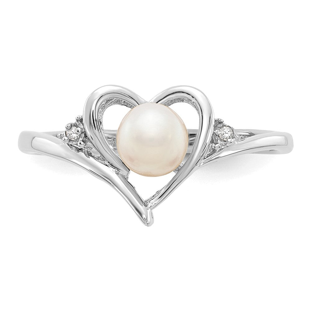 14k White Gold FW Cultured Pearl and Diamond Heart Ring