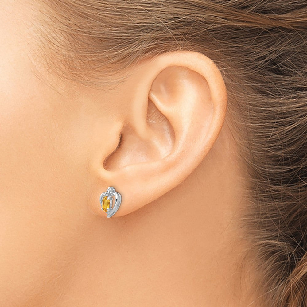 14k White Gold Citrine and Diamond Heart Post Earrings