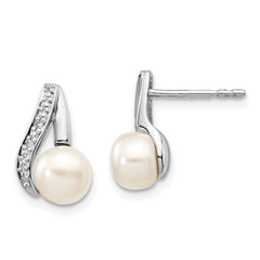 14k White Gold 6-7mm Button FWC Pearl .02ct Diamond Post Earrings