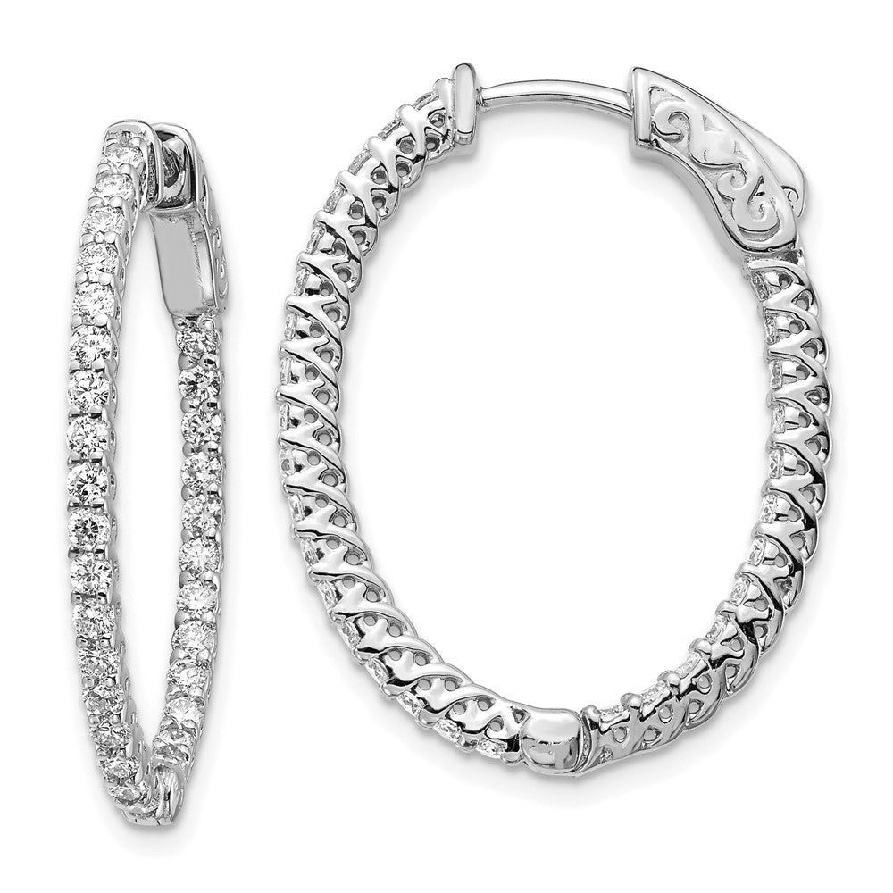 14k White Gold Diamond Oval Hoop w/Safety Clasp Earrings - 4