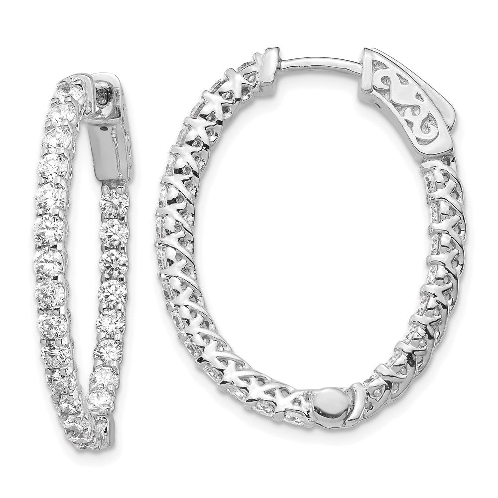14k White Gold Diamond Oval Hoop w/Safety Clasp Earrings - 2