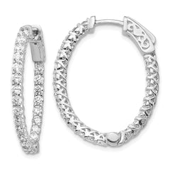 14k White Gold Diamond Oval Hoop w/Safety Clasp Earrings - 2