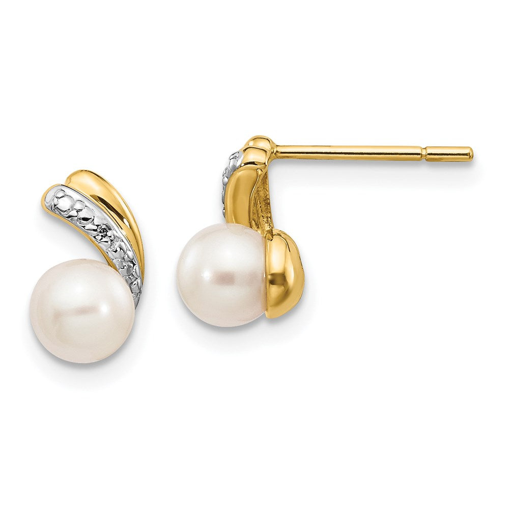14k 5-6mm White Round FWC Pearl .01ct Diamond Post Earrings - 2