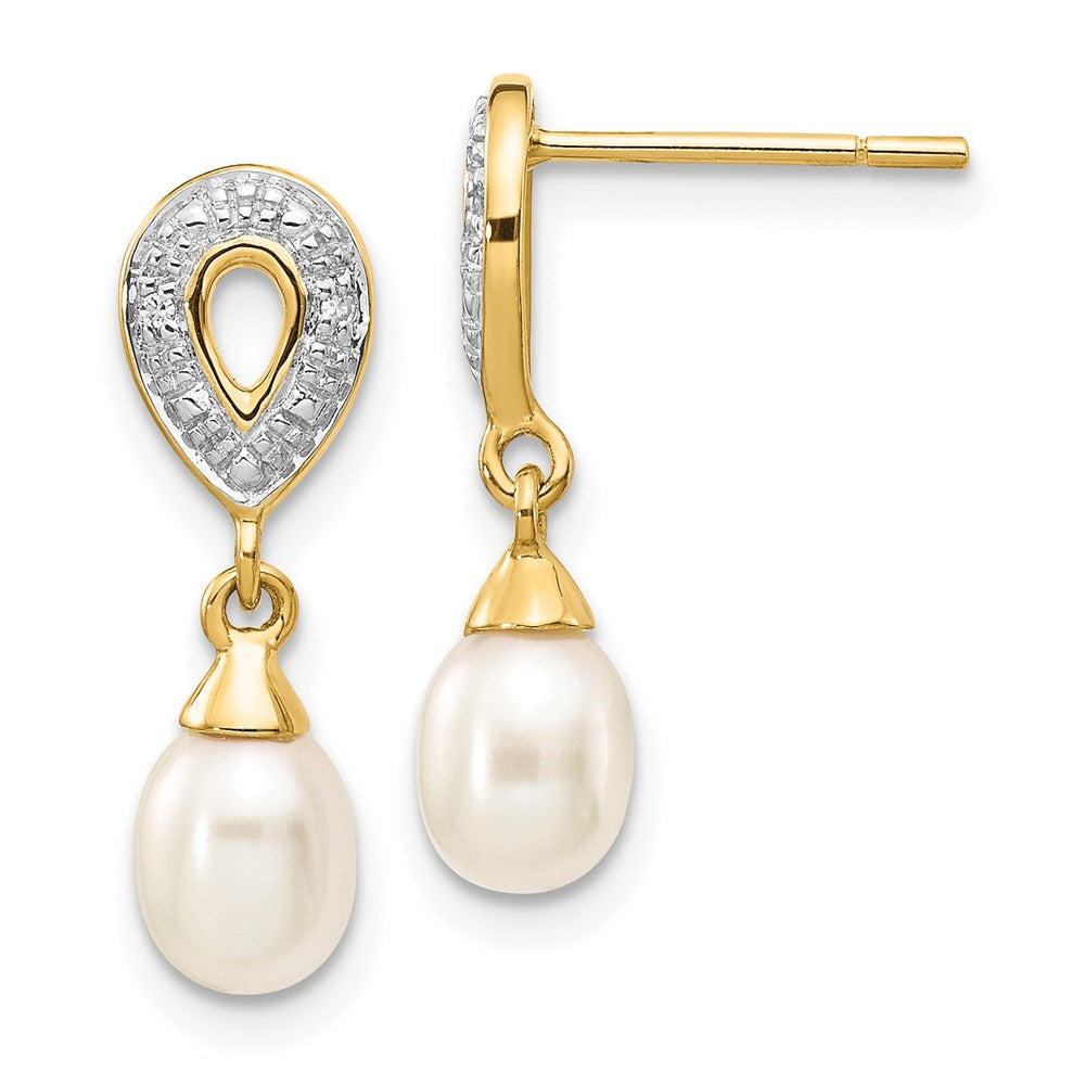 14k 7x5mm White Teardrop FWC Pearl .01ct Diamond Dangle Earrings - 2