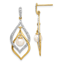 14k 5-6mm White Round FWC Pearl .02ct Diamond Dangle Earrings
