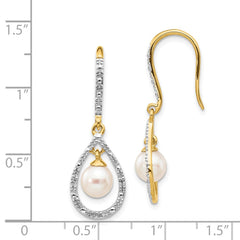 14k 6-7mm White Round FWC Pearl .02ct. Diamond Dangle Earrings