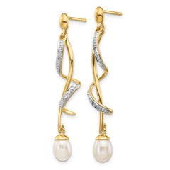 14k 7x5mm White Teardrop FWC Pearl .01ct Diamond Dangle Earrings - 3