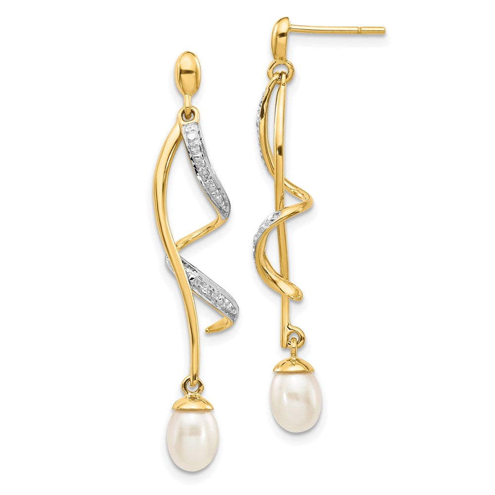 14k 7x5mm White Teardrop FWC Pearl .01ct Diamond Dangle Earrings - 3