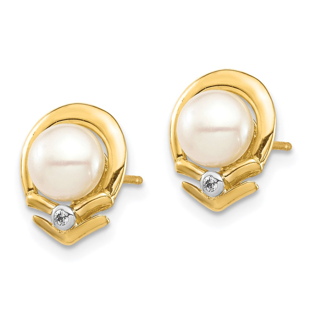 14k 5-6mm White Button Freshwater Cultured Pearl and .02 Carat Diamond Post Earrings